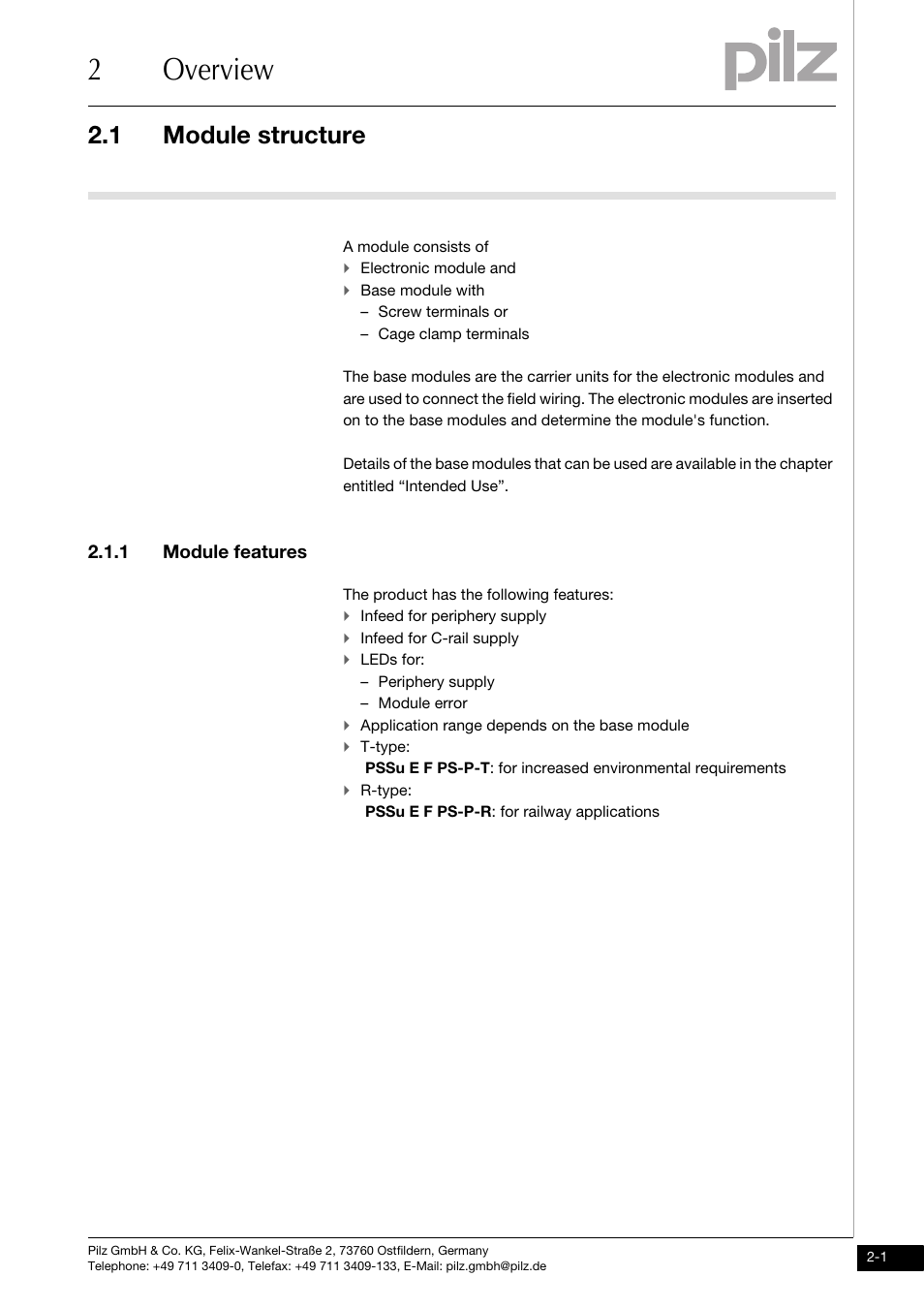 Overview, Module structure, Module features | 2overview, 1 module structure, 1 module features | Pilz PSSu E F PS-P User Manual | Page 9 / 37