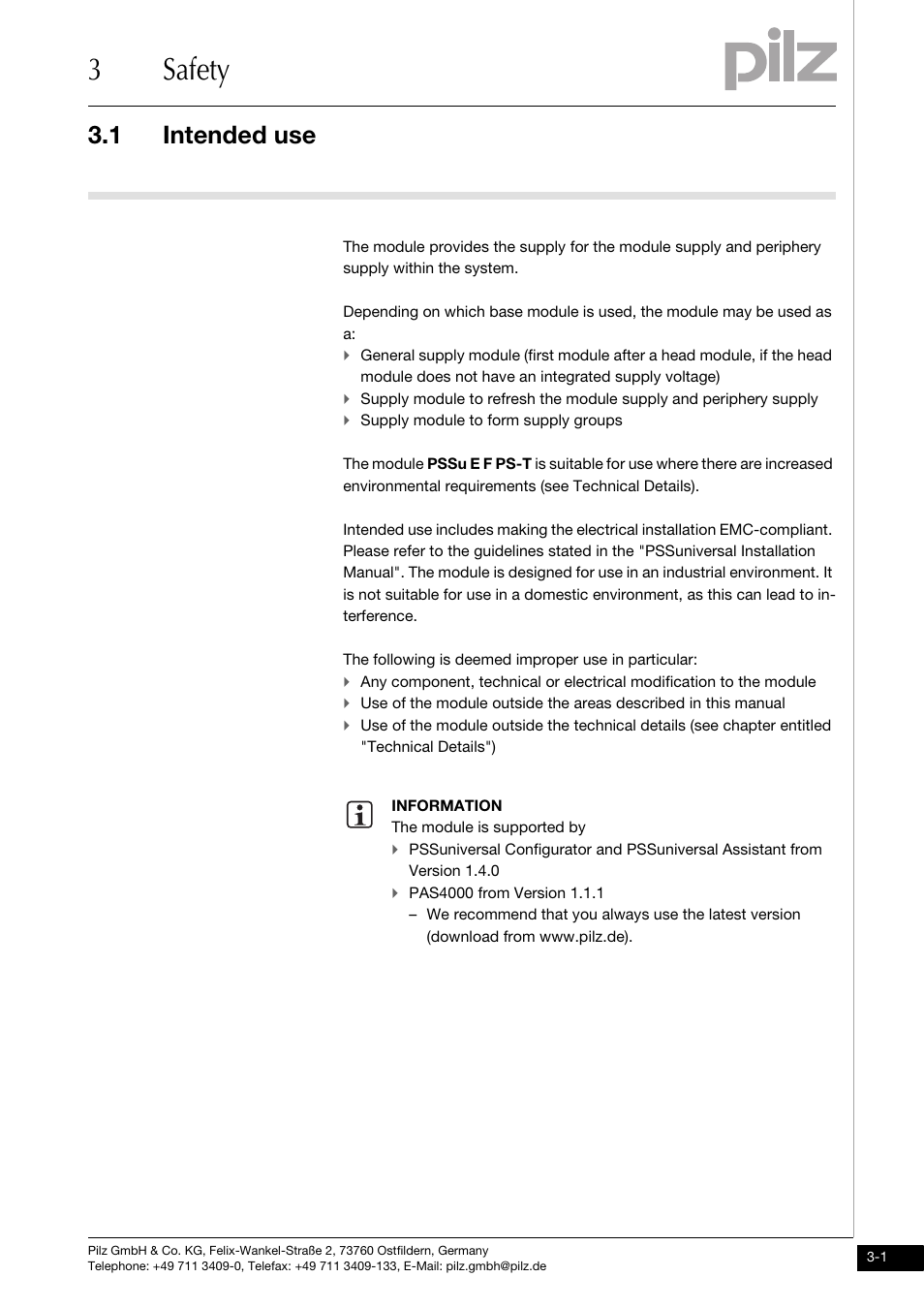 Safety, Intended use, 3safety | 1 intended use | Pilz PSSu E F PS User Manual | Page 13 / 43