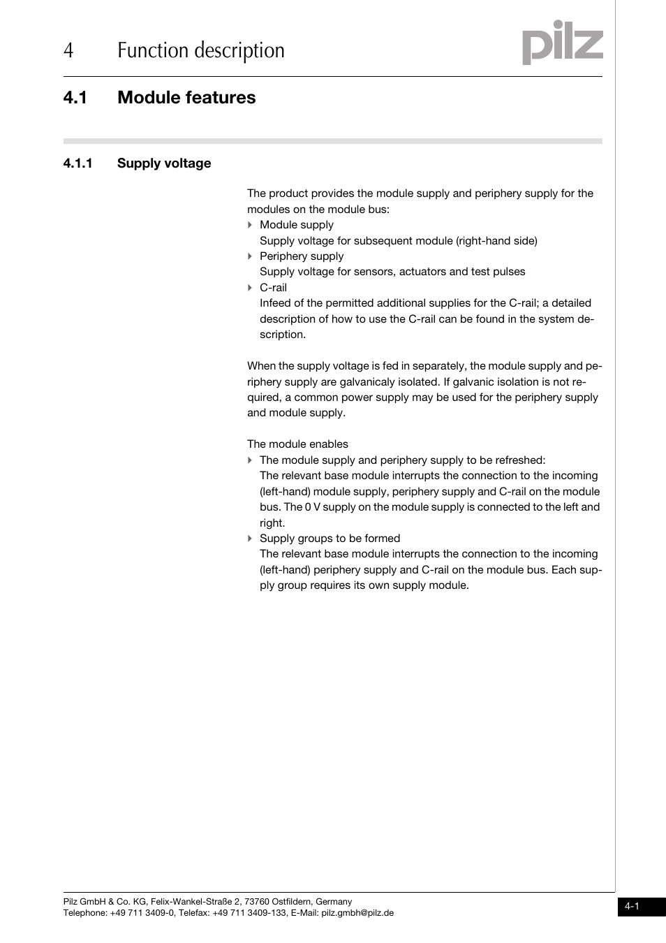 Function description, Module features, Supply voltage | 4function description, 1 module features, 1 supply voltage | Pilz PSSu E F PS User Manual | Page 17 / 43