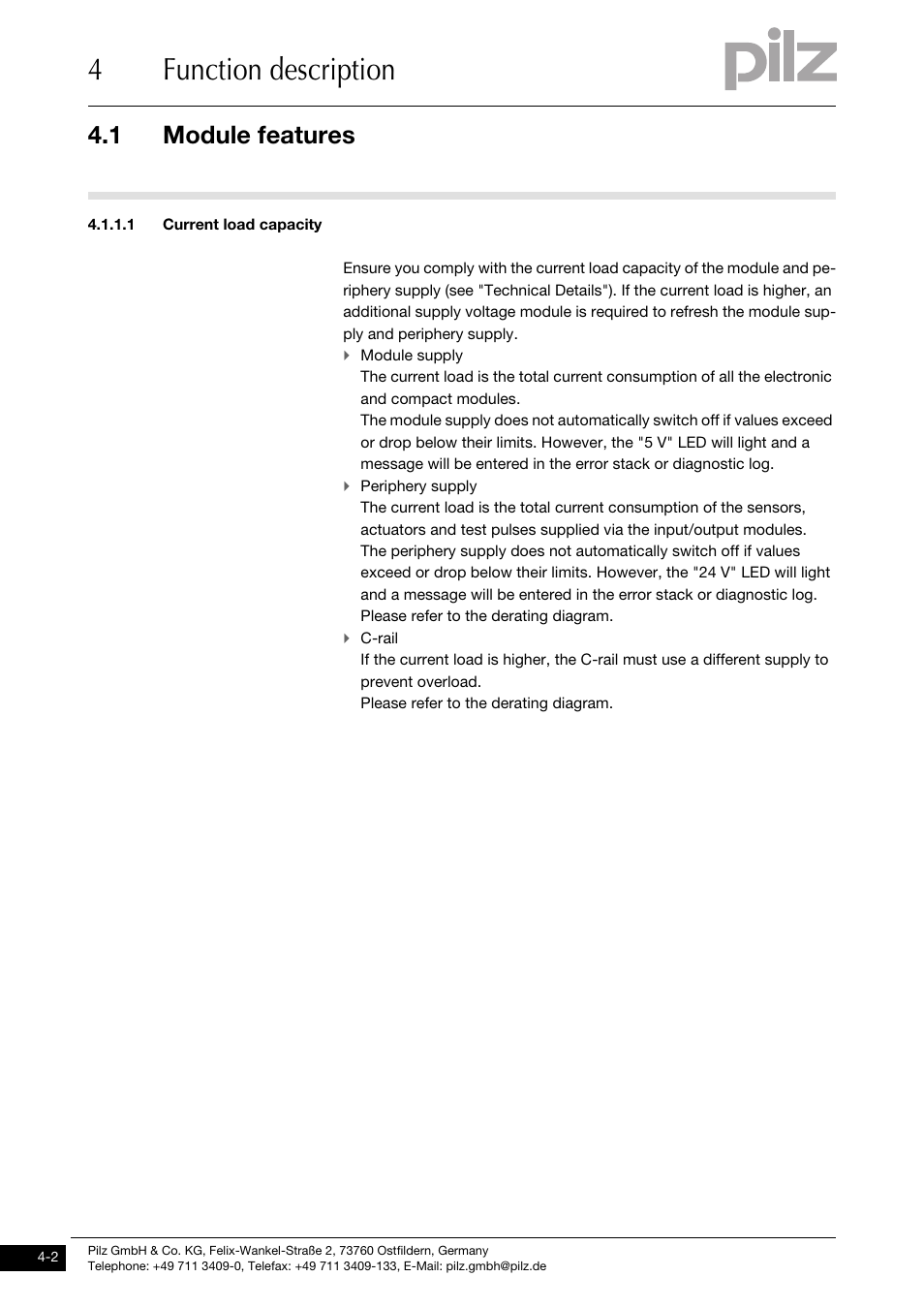 Current load capacity, 4function description, 1 module features | Pilz PSSu E F PS User Manual | Page 18 / 43