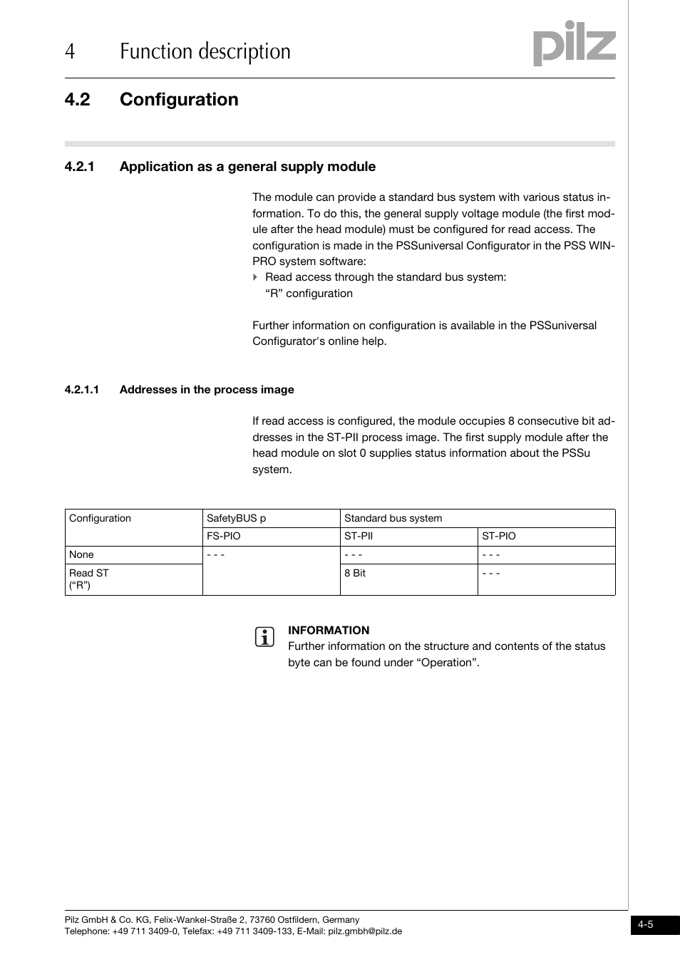 Configuration, Application as a general supply module, Addresses in the process image | 4function description, 2 configuration, 1 application as a general supply module | Pilz PSSu E F PS User Manual | Page 21 / 43