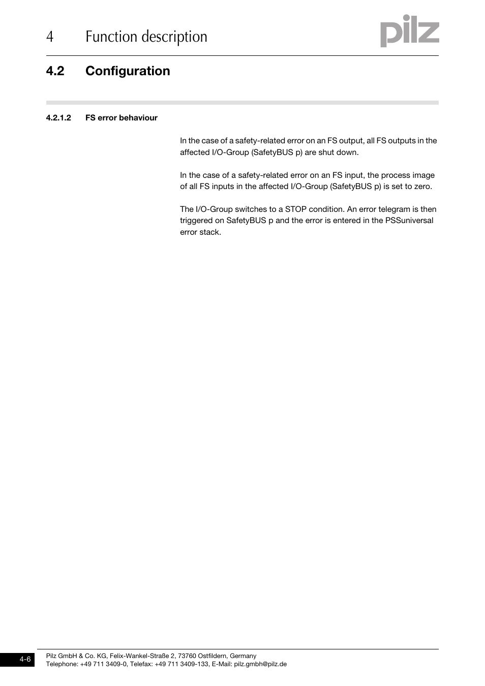 Fs error behaviour, 4function description, 2 configuration | Pilz PSSu E F PS User Manual | Page 22 / 43