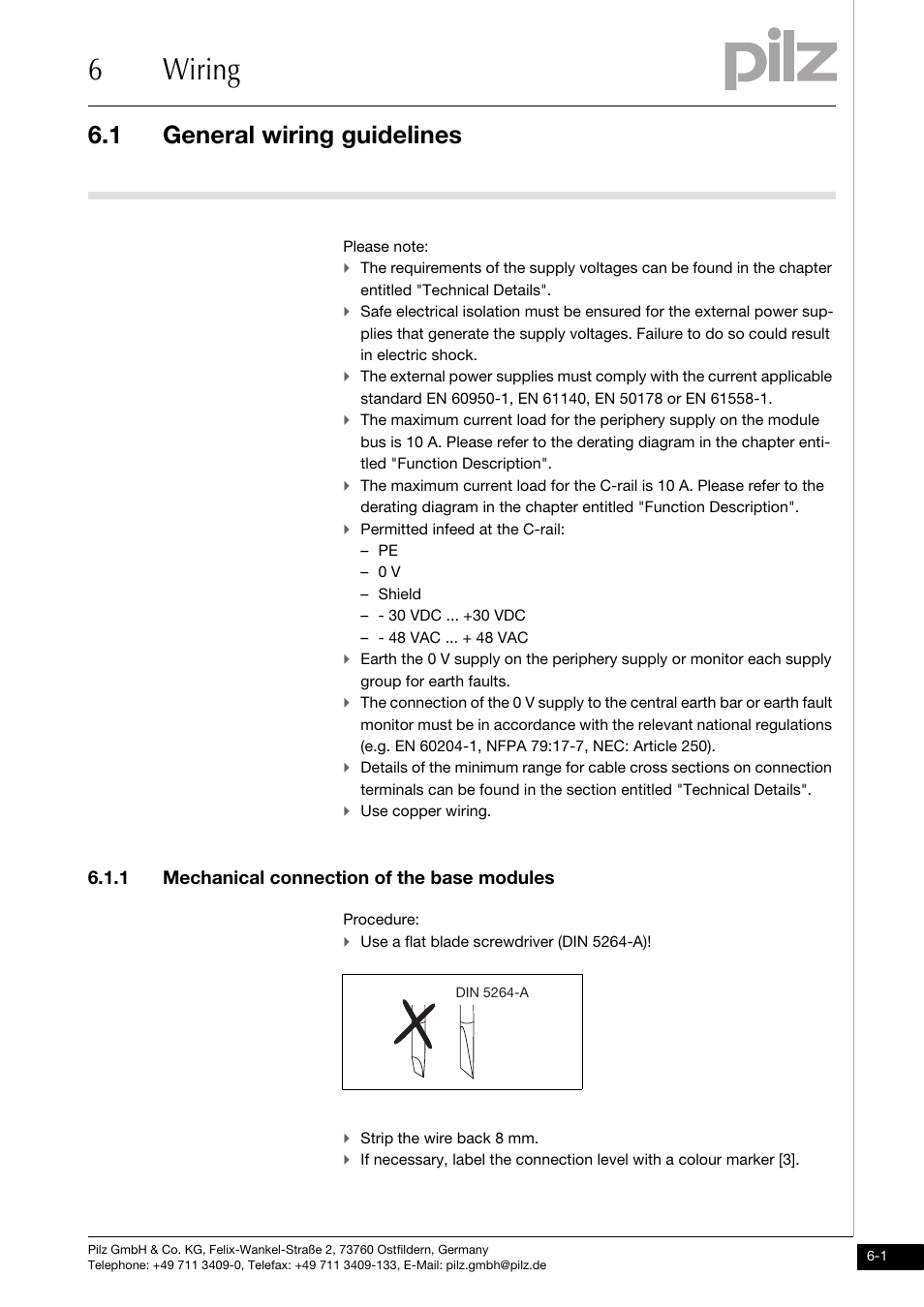 Wiring, General wiring guidelines, Mechanical connection of the base modules | 6wiring, 1 general wiring guidelines, 1 mechanical connection of the base modules | Pilz PSSu E F PS User Manual | Page 27 / 43