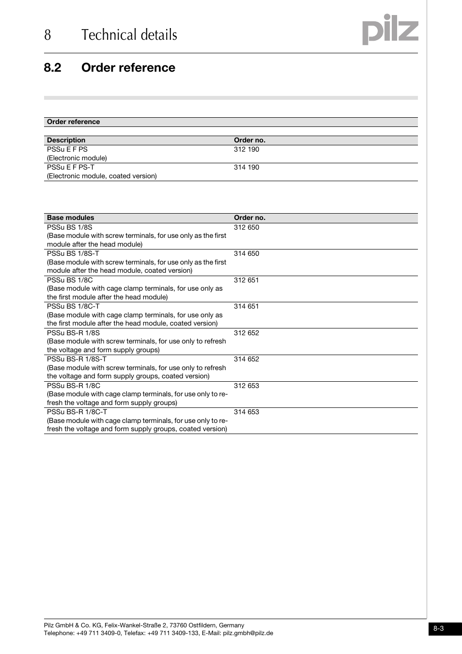 Order reference, 8technical details, 2 order reference | Pilz PSSu E F PS User Manual | Page 41 / 43