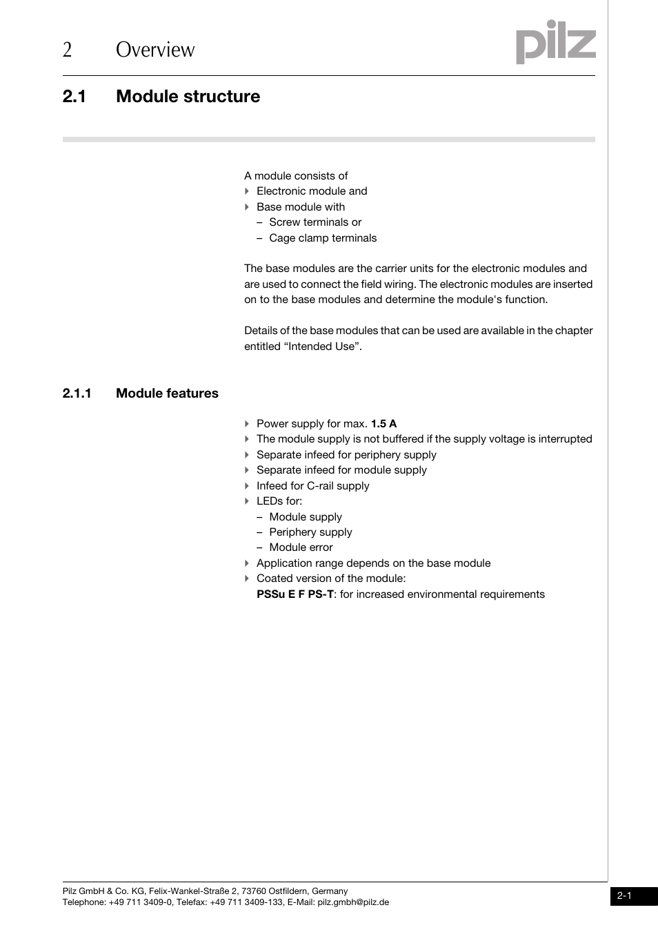 Overview, Module structure, Module features | 2overview, 1 module structure, 1 module features | Pilz PSSu E F PS User Manual | Page 9 / 43