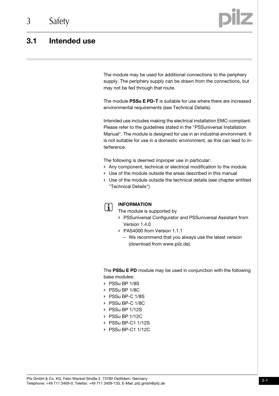 Safety, Intended use, 3safety | 1 intended use | Pilz PSSu E PD User Manual | Page 13 / 35