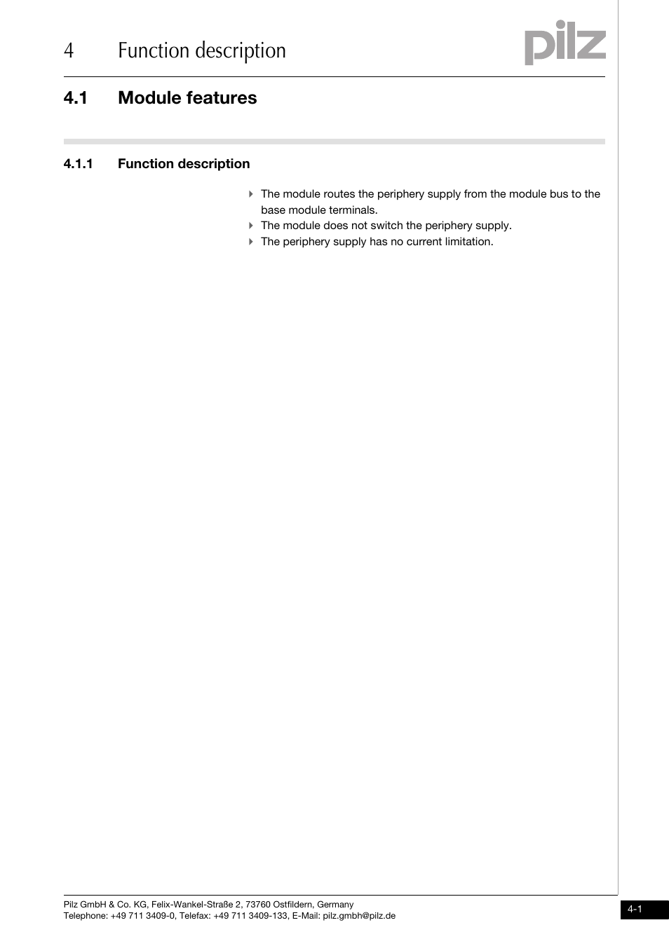 Function description, Module features, 4function description | 1 module features, 1 function description, The module does not switch the periphery supply, The periphery supply has no current limitation | Pilz PSSu E PD User Manual | Page 17 / 35