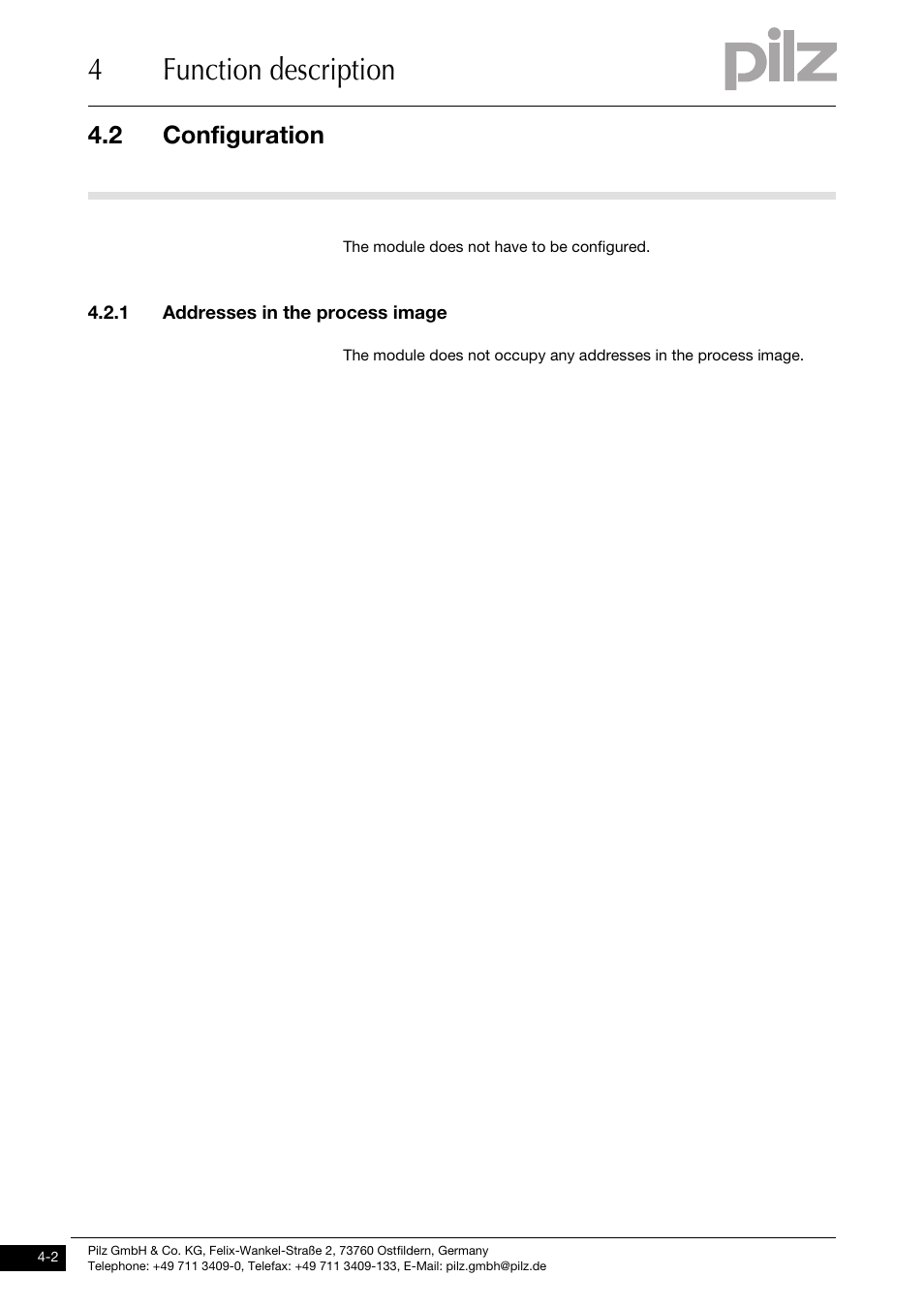 Configuration, Addresses in the process image, 4function description | 2 configuration, 1 addresses in the process image | Pilz PSSu E PD User Manual | Page 18 / 35