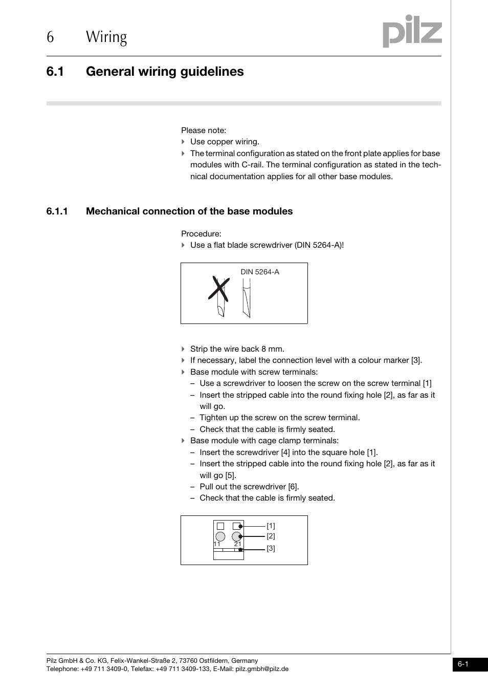 Wiring, General wiring guidelines, Mechanical connection of the base modules | 6wiring, 1 general wiring guidelines, 1 mechanical connection of the base modules | Pilz PSSu E PD User Manual | Page 25 / 35