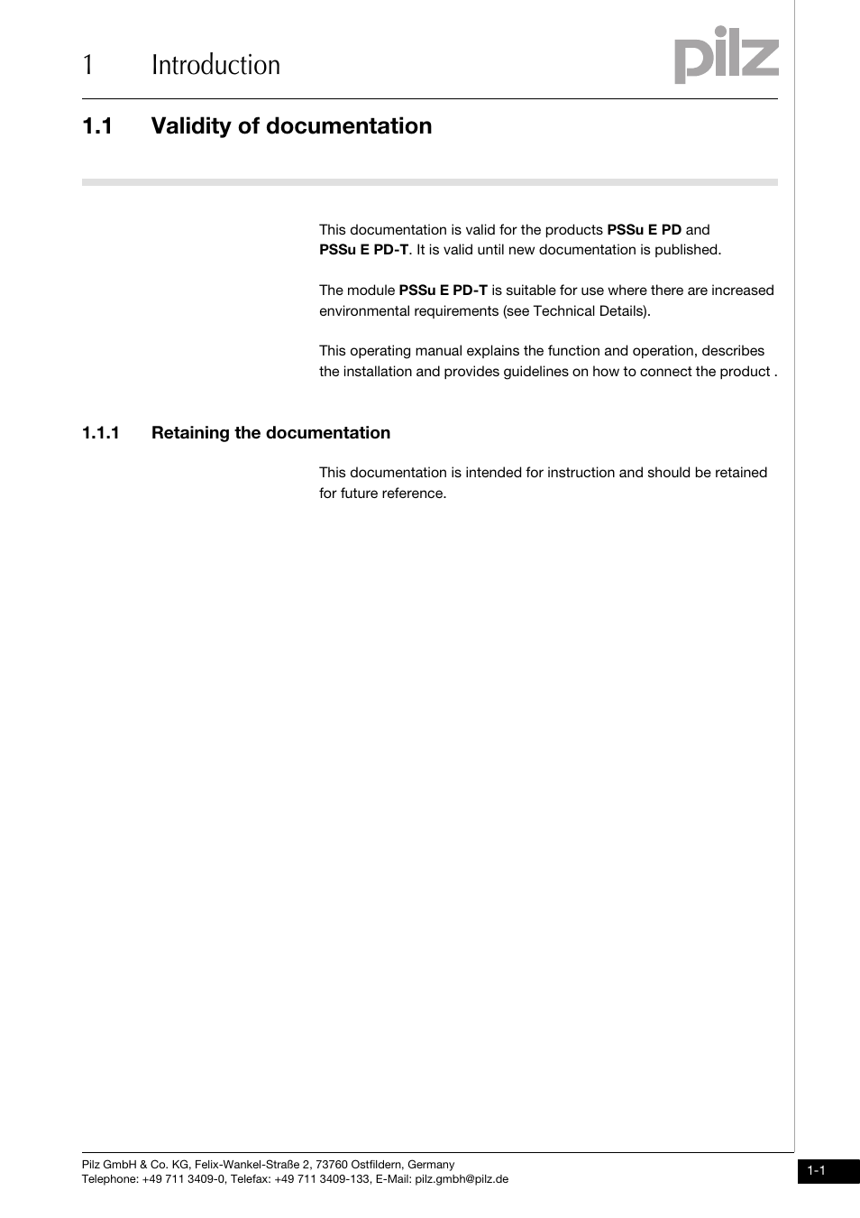 Introduction, Validity of documentation, Retaining the documentation | 1introduction, 1 validity of documentation, 1 retaining the documentation | Pilz PSSu E PD User Manual | Page 5 / 35