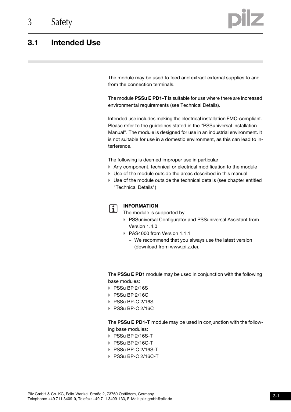 Safety, Intended use, 3safety | 1 intended use | Pilz PSSu E PD1 User Manual | Page 13 / 31