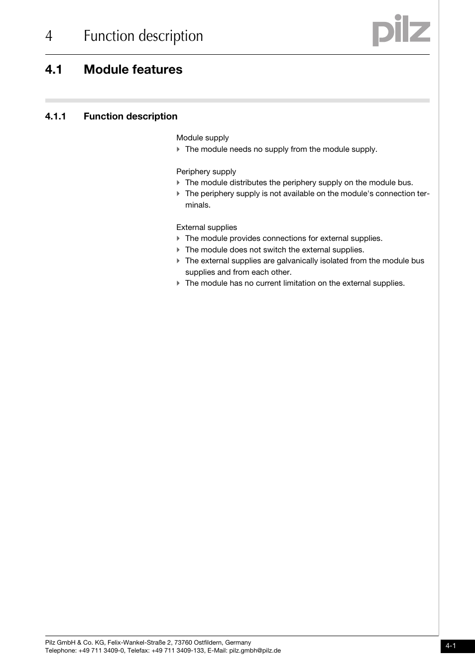 Function description, Module features, 4function description | 1 module features, 1 function description | Pilz PSSu E PD1 User Manual | Page 15 / 31