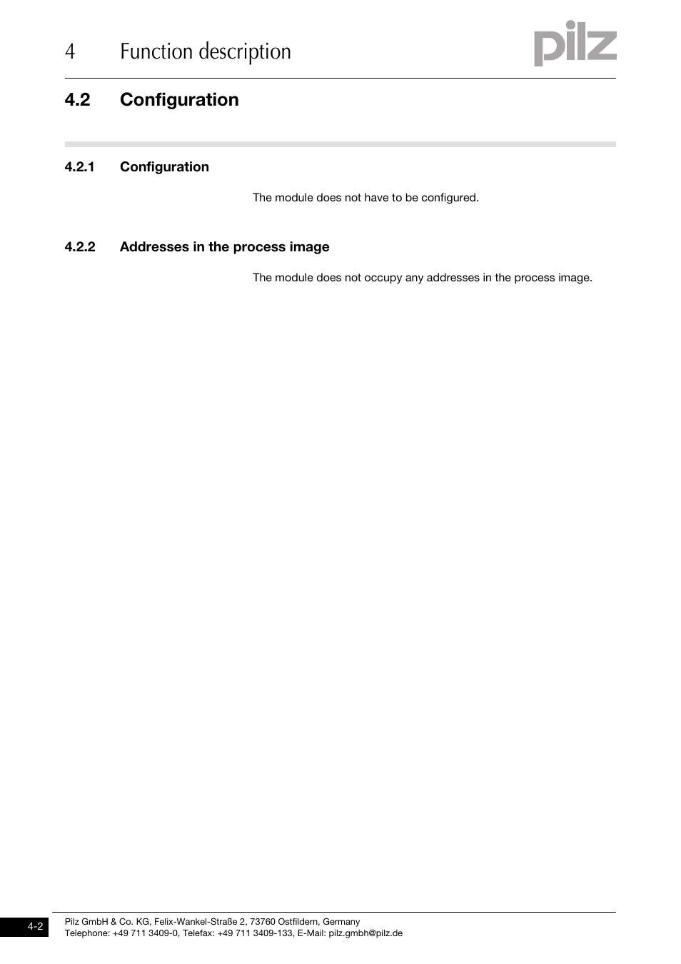 Configuration, Addresses in the process image, 4function description | 2 configuration, 1 configuration, 2 addresses in the process image | Pilz PSSu E PD1 User Manual | Page 16 / 31