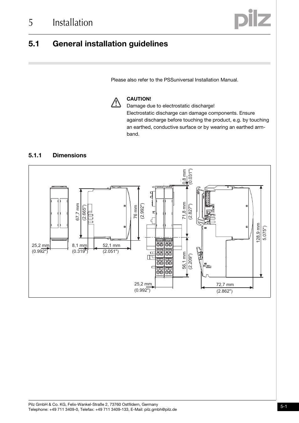 Installation, General installation guidelines, Dimensions | 5installation, 1 general installation guidelines, 1 dimensions | Pilz PSSu E PD1 User Manual | Page 17 / 31