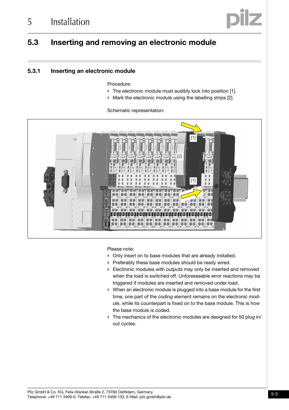 Inserting and removing an electronic module, Inserting an electronic module, 5installation | 3 inserting and removing an electronic module, 1 inserting an electronic module | Pilz PSSu E PD1 User Manual | Page 19 / 31