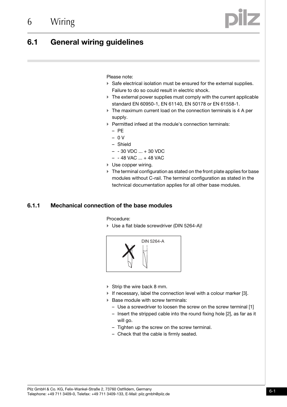 Wiring, General wiring guidelines, Mechanical connection of the base modules | 6wiring, 1 general wiring guidelines, 1 mechanical connection of the base modules | Pilz PSSu E PD1 User Manual | Page 21 / 31