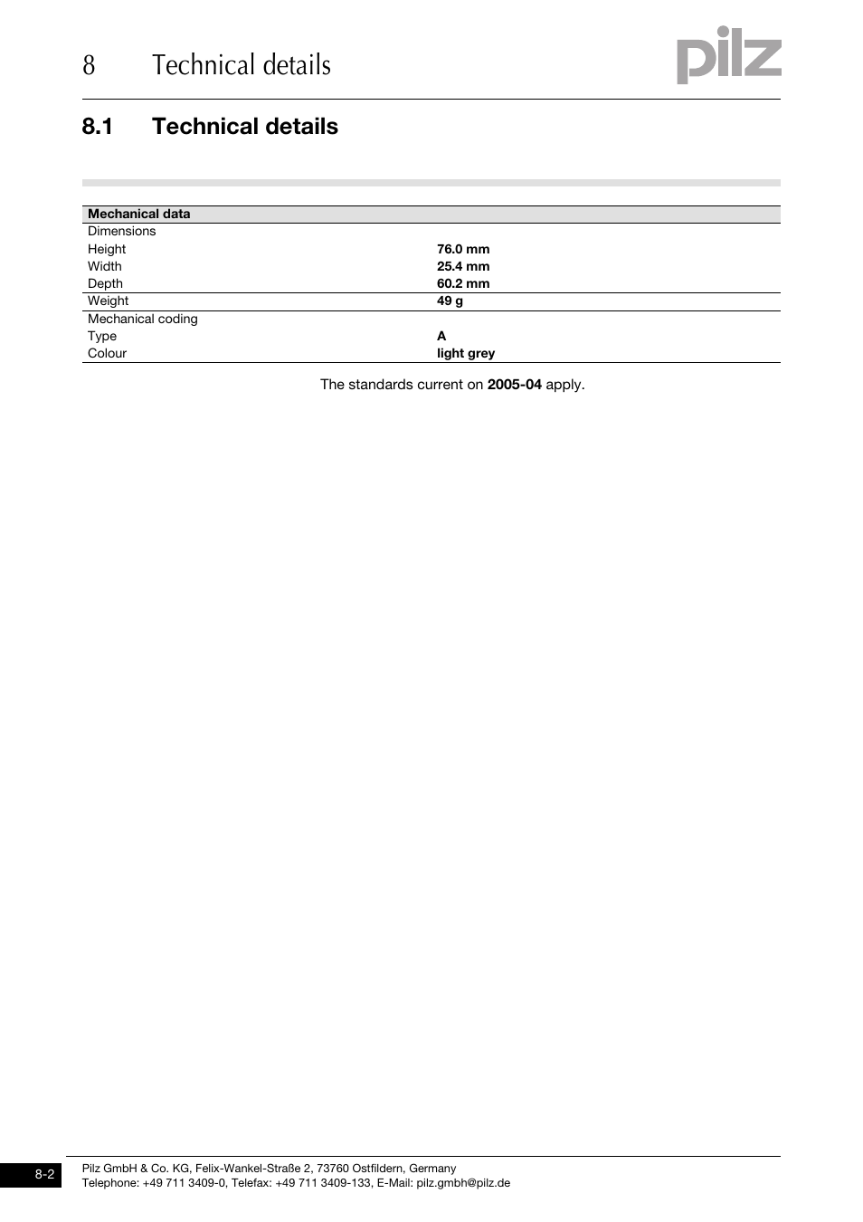 8technical details, 1 technical details | Pilz PSSu E PD1 User Manual | Page 28 / 31