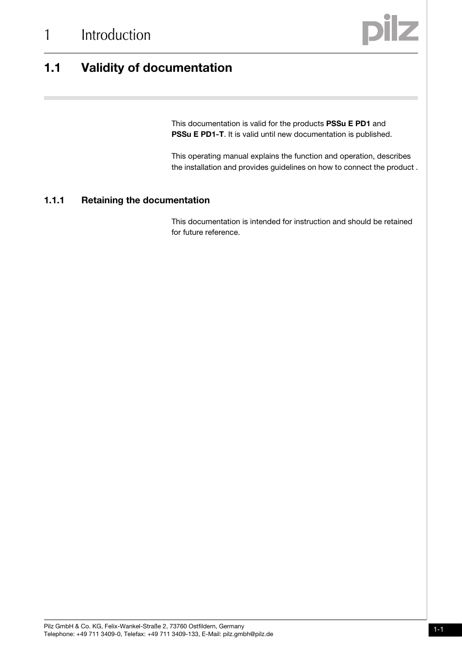 Introduction, Validity of documentation, Retaining the documentation | 1introduction, 1 validity of documentation, 1 retaining the documentation | Pilz PSSu E PD1 User Manual | Page 5 / 31