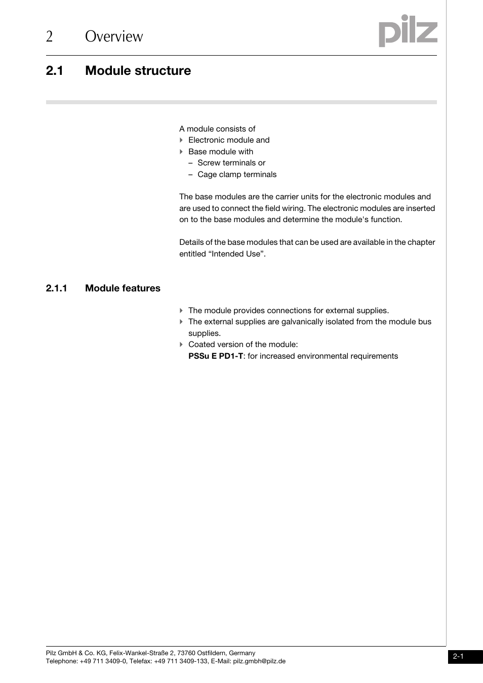 Overview, Module structure, Module features | 2overview, 1 module structure, 1 module features | Pilz PSSu E PD1 User Manual | Page 9 / 31