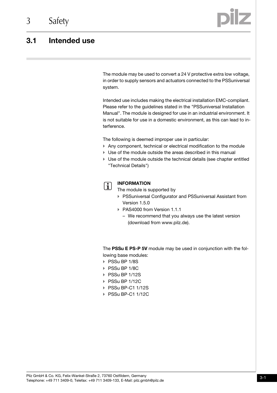 Safety, Intended use, 3safety | 1 intended use | Pilz PSSu E PS-P 5V User Manual | Page 13 / 33