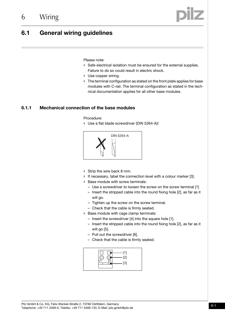 Wiring, General wiring guidelines, Mechanical connection of the base modules | 6wiring, 1 general wiring guidelines, 1 mechanical connection of the base modules | Pilz PSSu E PS-P 5V User Manual | Page 23 / 33