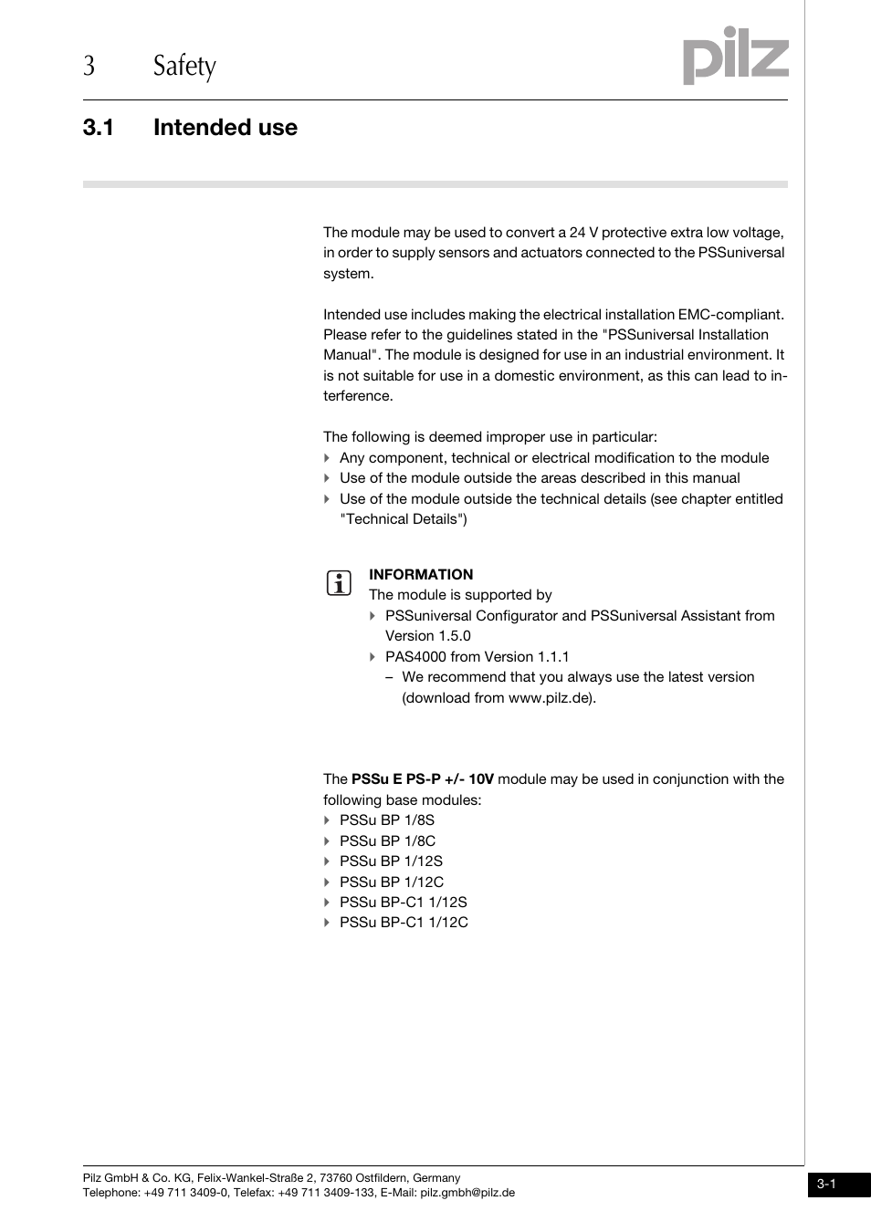 Safety, Intended use, 3safety | 1 intended use | Pilz PSSu E PS-P +/-10V User Manual | Page 13 / 33