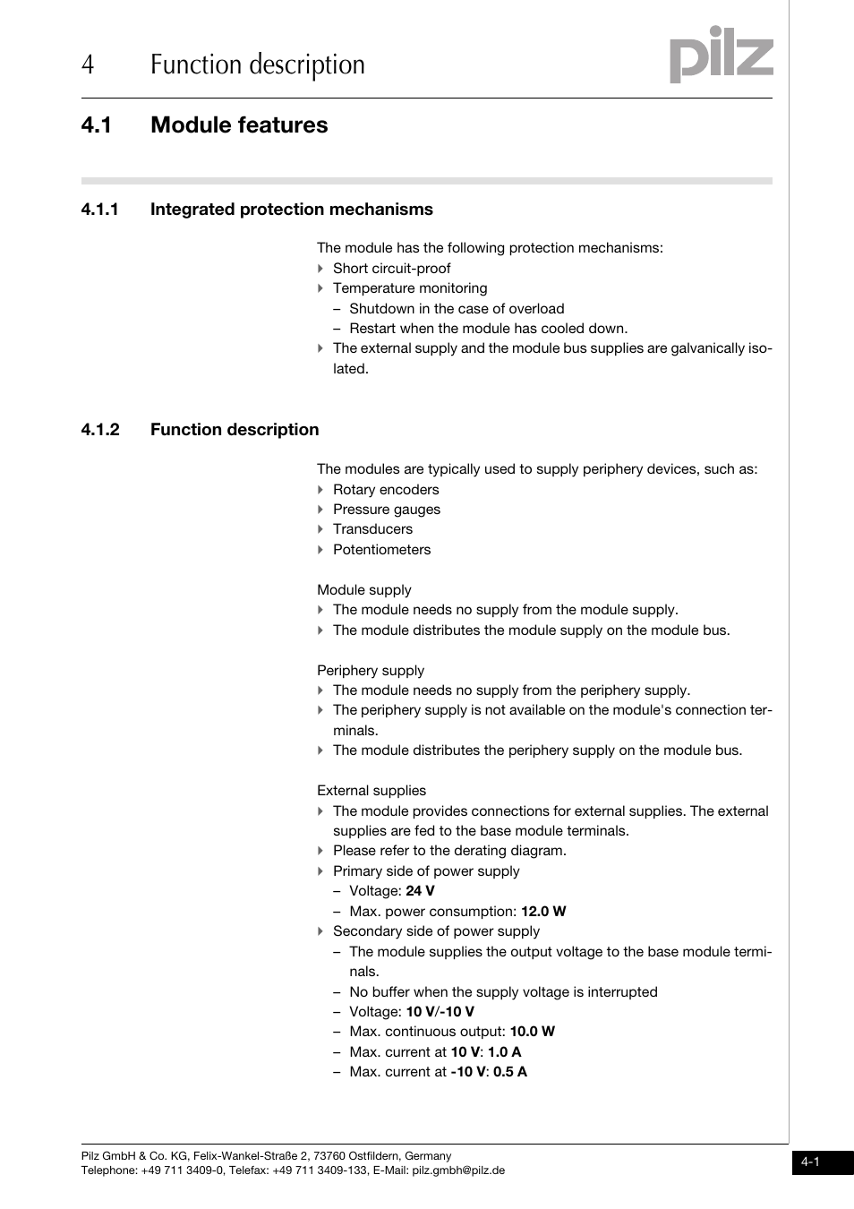 Function description, Module features, Integrated protection mechanisms | 4function description, 1 module features, 1 integrated protection mechanisms, 2 function description | Pilz PSSu E PS-P +/-10V User Manual | Page 15 / 33