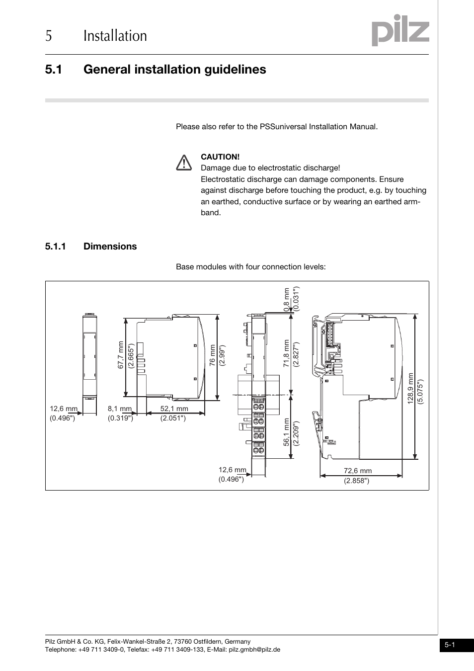 Installation, General installation guidelines, Dimensions | 5installation, 1 general installation guidelines, 1 dimensions | Pilz PSSu E PS-P +/-10V User Manual | Page 17 / 33