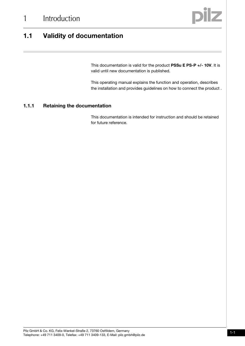 Introduction, Validity of documentation, Retaining the documentation | 1introduction, 1 validity of documentation, 1 retaining the documentation | Pilz PSSu E PS-P +/-10V User Manual | Page 5 / 33