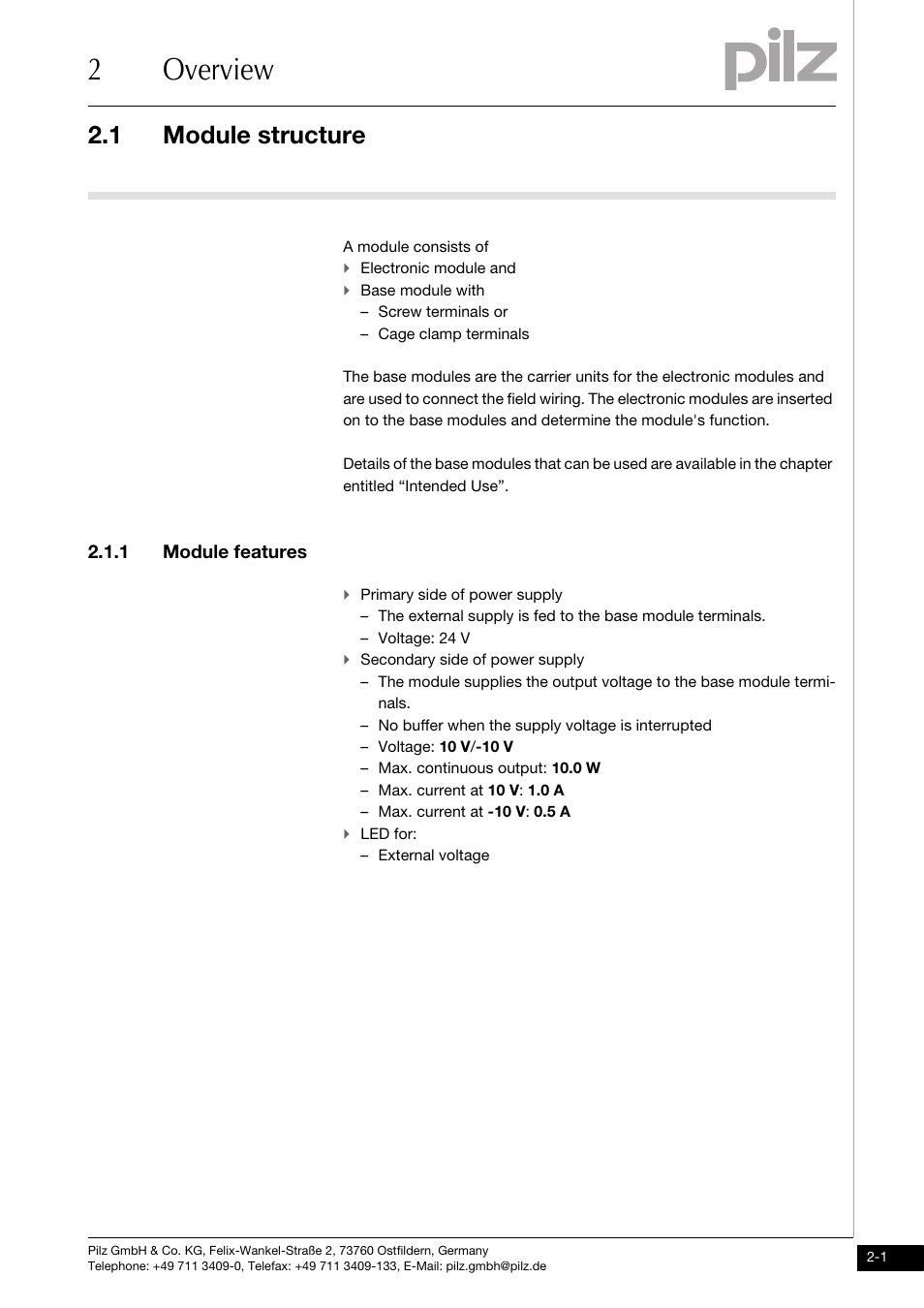 Overview, Module structure, Module features | 2overview, 1 module structure, 1 module features | Pilz PSSu E PS-P +/-10V User Manual | Page 9 / 33
