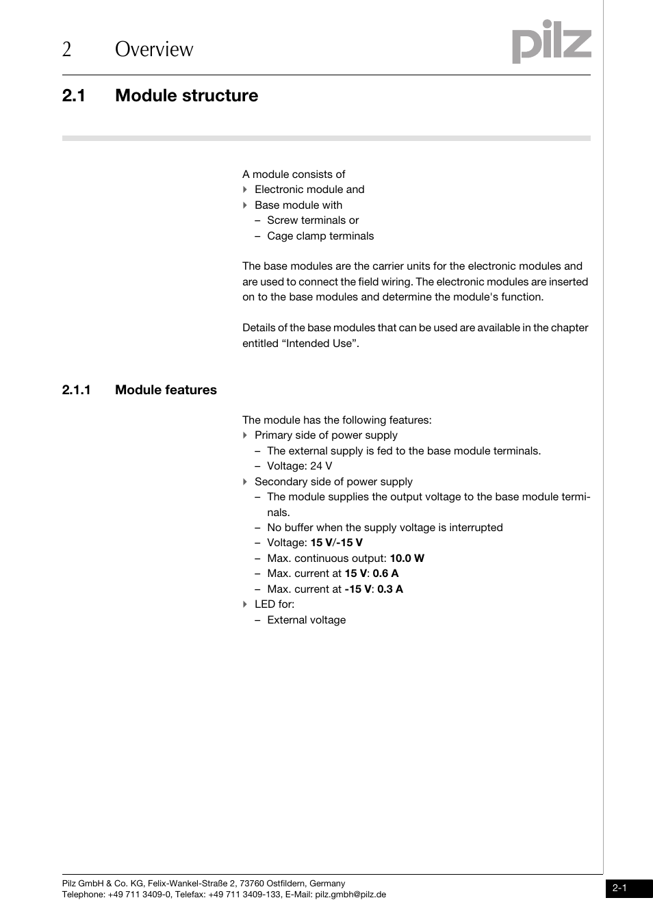 Overview, Module structure, Module features | 2overview, 1 module structure, 1 module features | Pilz PSSu E PS-P +/-15V User Manual | Page 9 / 33