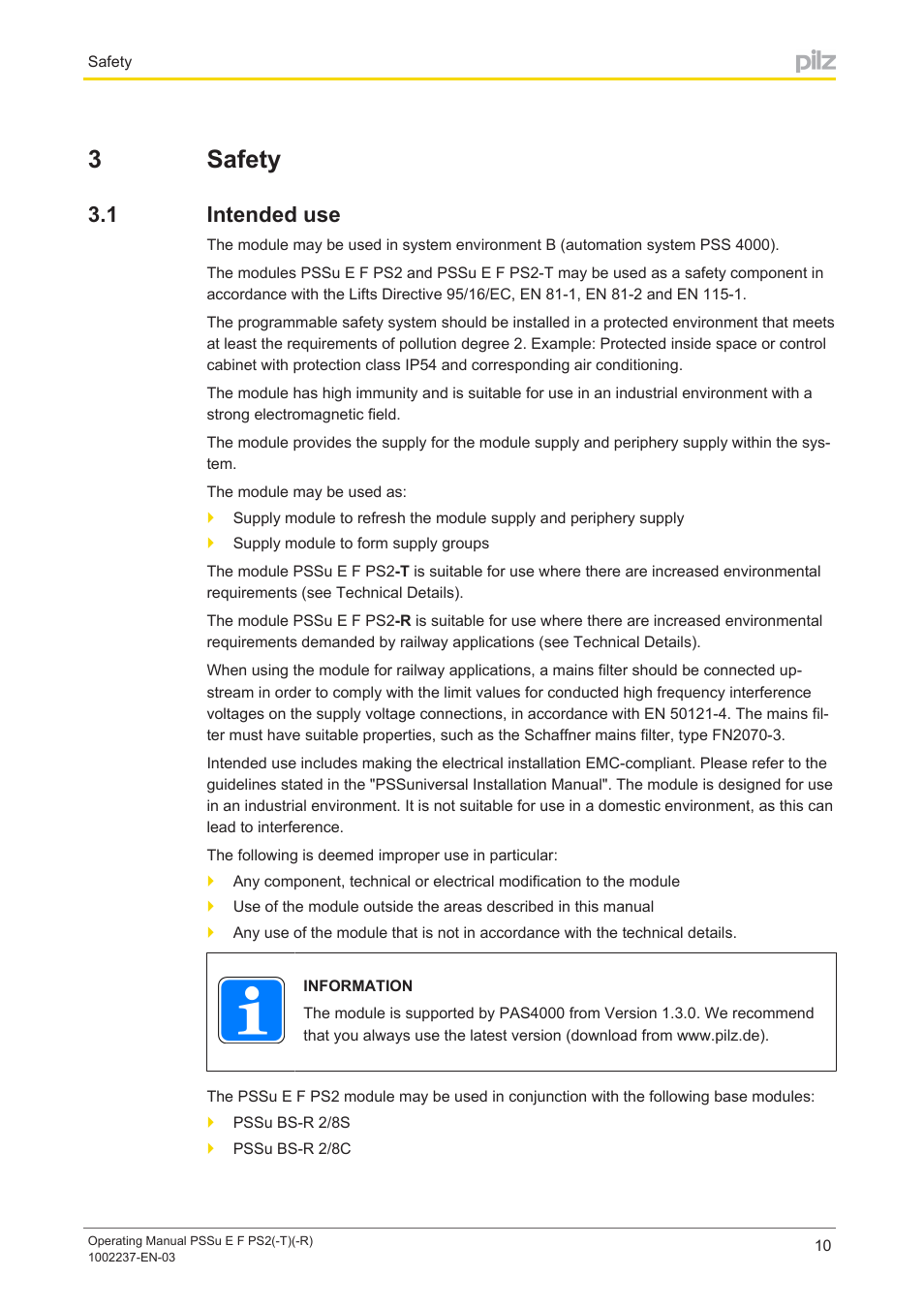 3 safety, 1 intended use, Section 3 | Safety, Intended use, 3safety | Pilz PSSu E F PS2 User Manual | Page 10 / 31
