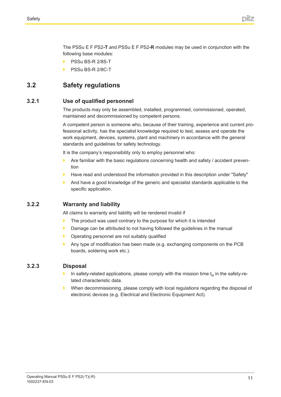 2 safety regulations, 1 use of qualified personnel, 2 warranty and liability | 3 disposal, Safety regulations, Use of qualified personnel, Warranty and liability, Disposal | Pilz PSSu E F PS2 User Manual | Page 11 / 31