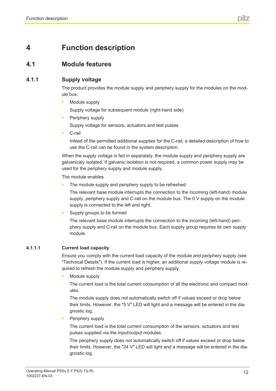 4 function description, 1 module features, 1 supply voltage | 1 current load capacity, Section 4, Function description, Module features, Supply voltage, Current load capacity, 4function description | Pilz PSSu E F PS2 User Manual | Page 12 / 31