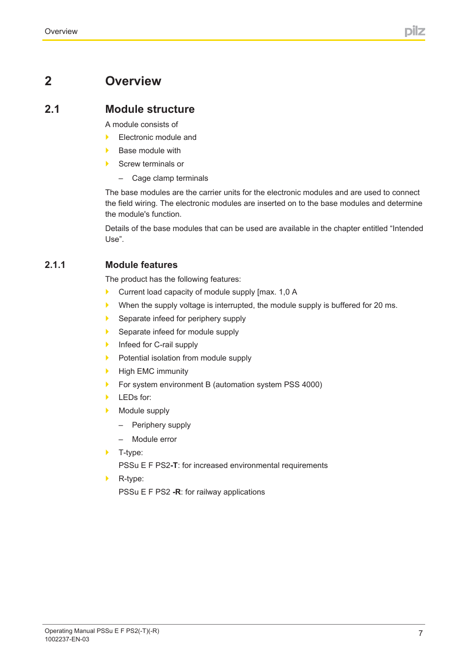 2 overview, 1 module structure, 1 module features | Section 2, Overview, Module structure, Module features, 2overview | Pilz PSSu E F PS2 User Manual | Page 7 / 31