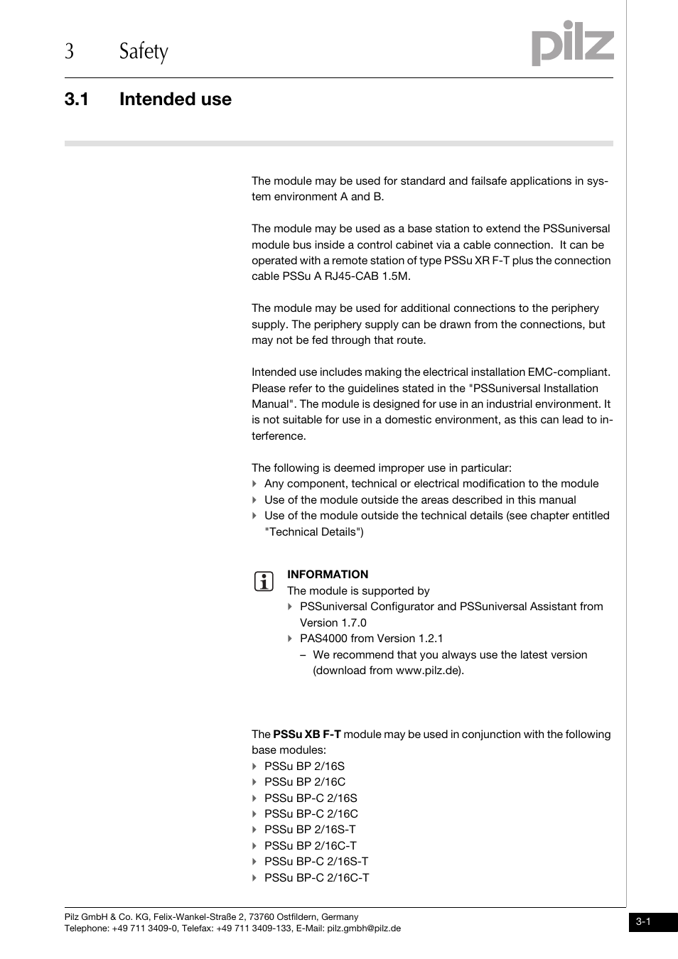 Safety, Intended use, 3safety | 1 intended use | Pilz PSSu XB F -T User Manual | Page 13 / 33