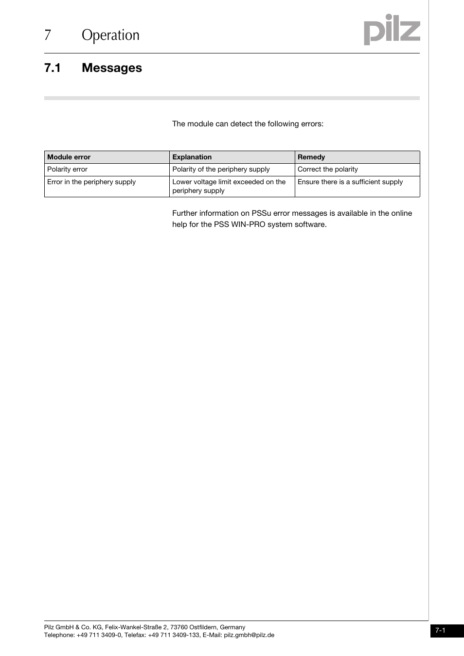 Operation, Messages, 7operation | 1 messages | Pilz PSSu XB F -T User Manual | Page 27 / 33