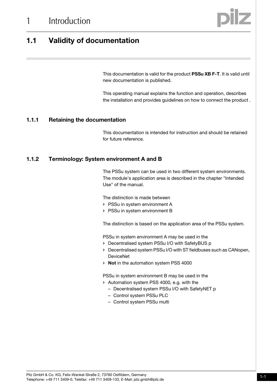 Introduction, Validity of documentation, Retaining the documentation | Terminology: system environment a and b, 1introduction, 1 validity of documentation, 1 retaining the documentation, 2 terminology: system environment a and b | Pilz PSSu XB F -T User Manual | Page 5 / 33