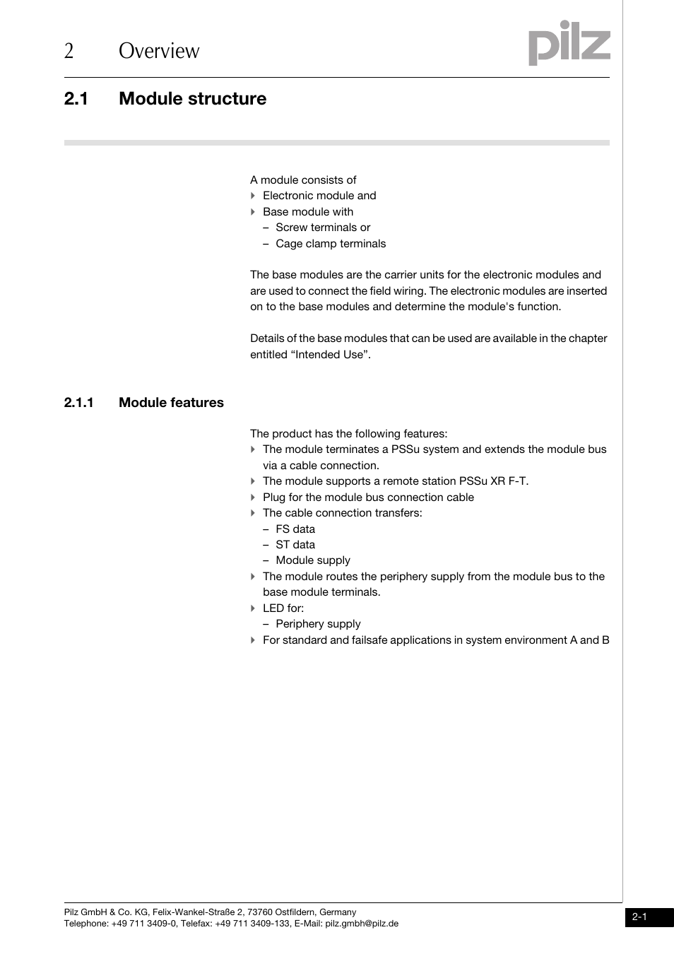 Overview, Module structure, Module features | 2overview, 1 module structure, 1 module features | Pilz PSSu XB F -T User Manual | Page 9 / 33