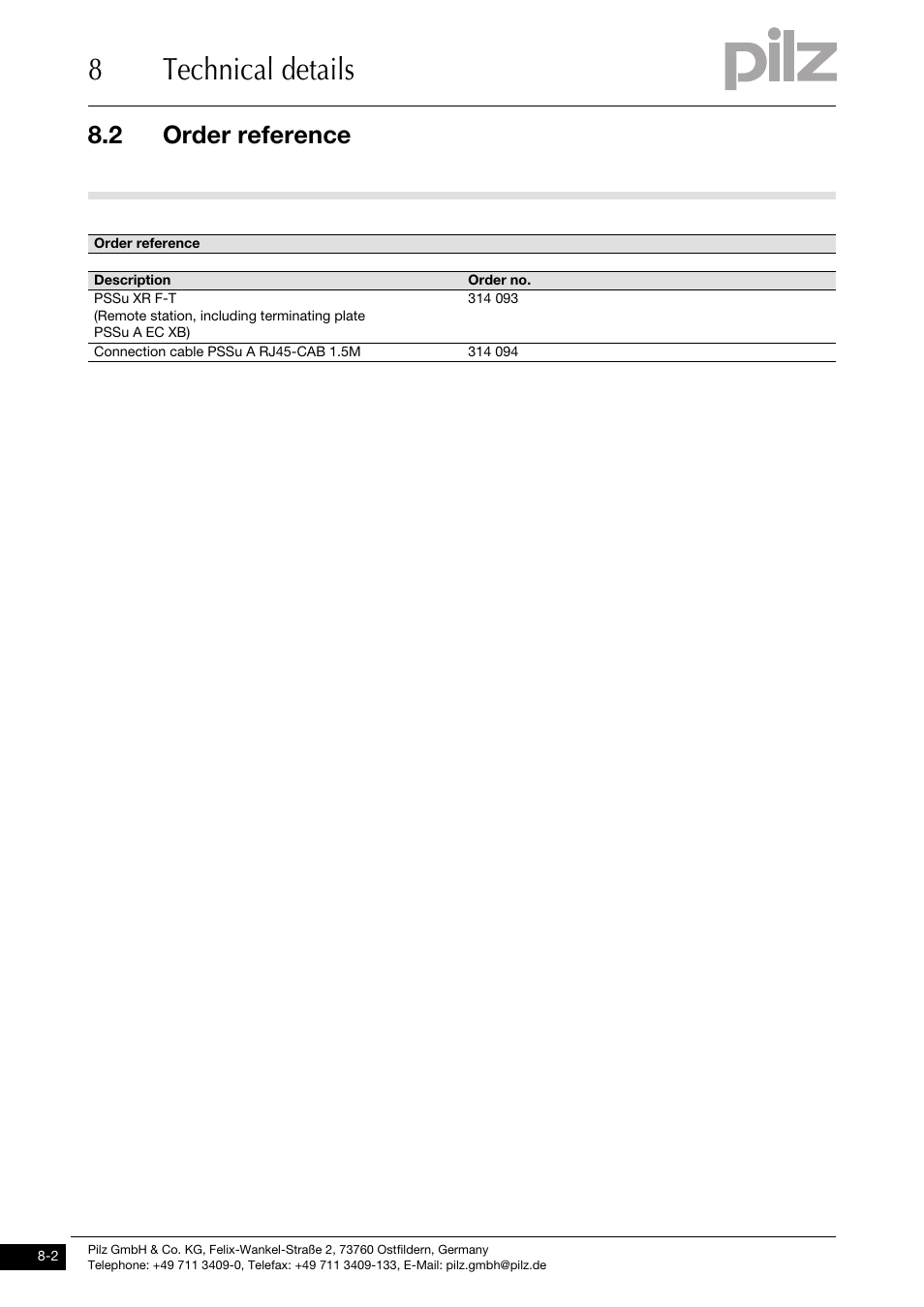 Order reference, 8technical details, 2 order reference | Pilz PSSu XR F -T User Manual | Page 24 / 25