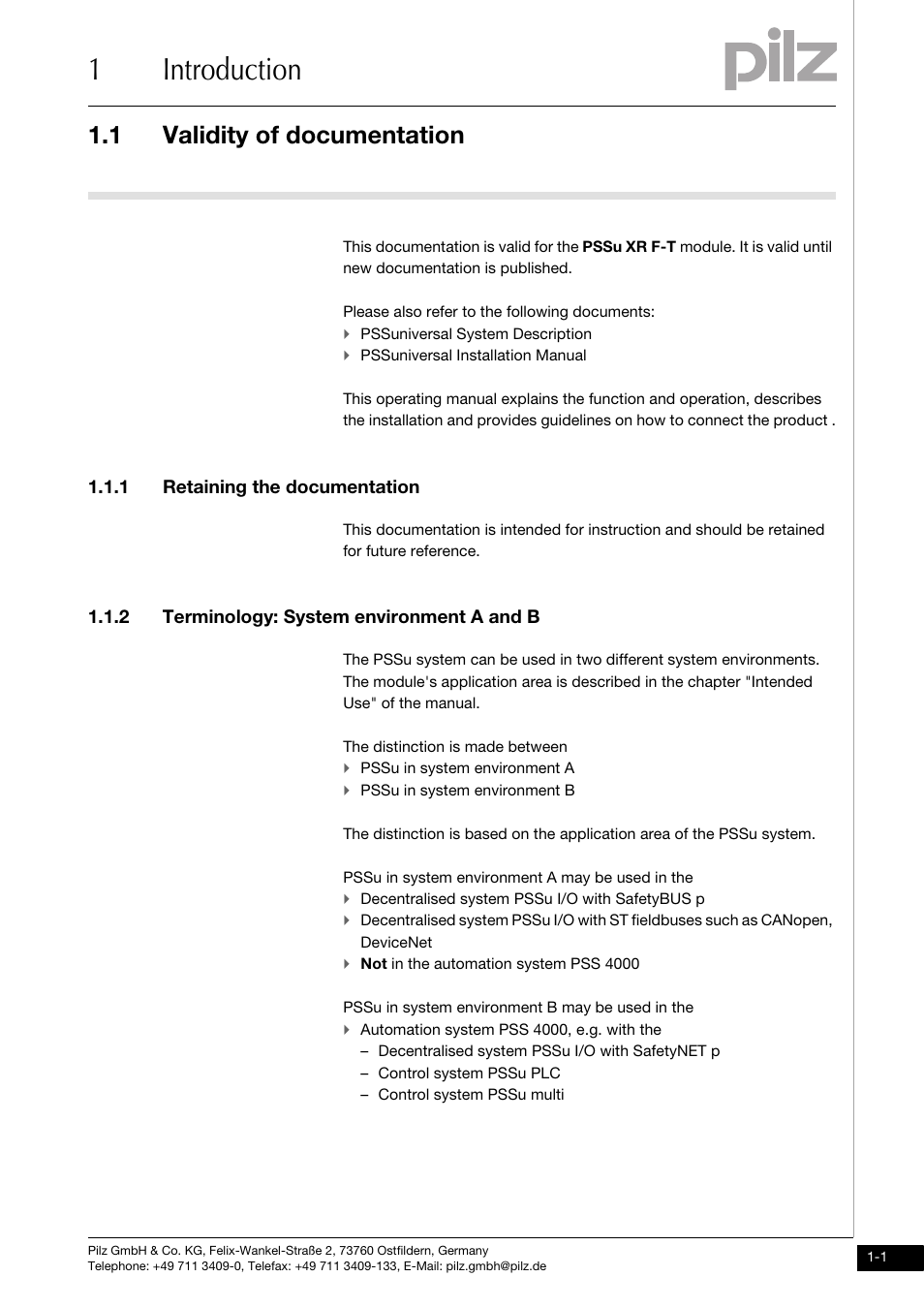 Introduction, Validity of documentation, Retaining the documentation | Terminology: system environment a and b, 1introduction, 1 validity of documentation, 1 retaining the documentation, 2 terminology: system environment a and b | Pilz PSSu XR F -T User Manual | Page 5 / 25