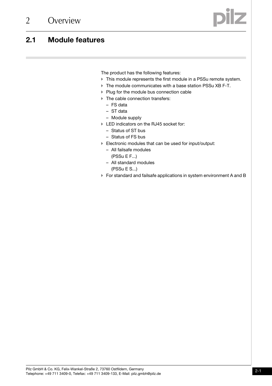 Overview, Module features, 2overview | 1 module features | Pilz PSSu XR F -T User Manual | Page 9 / 25