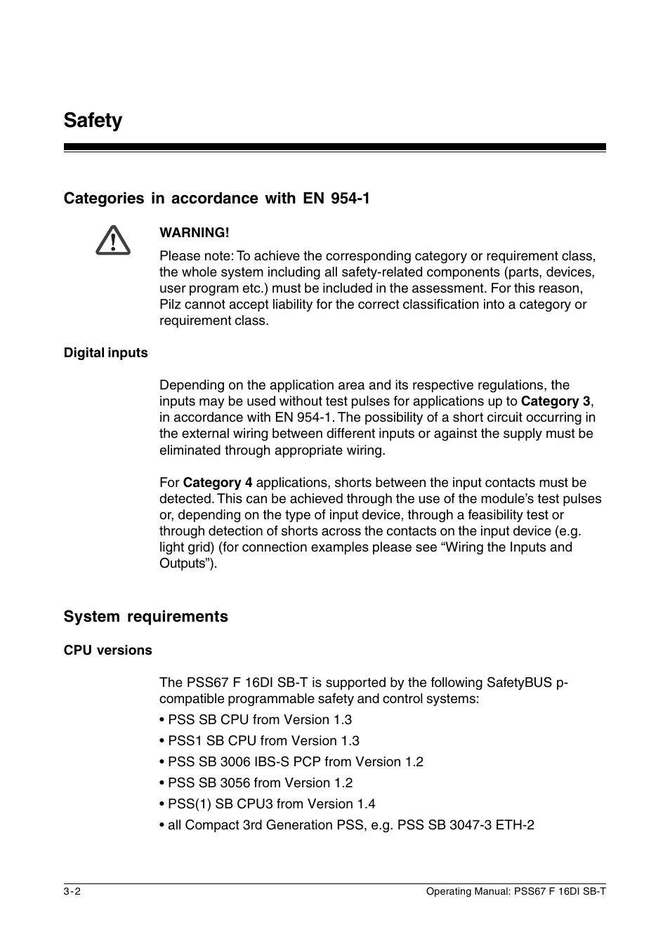 Categories in accordance with en 954-1, System requirements, Safety | Pilz PSS67 F 16DI SB-T User Manual | Page 14 / 51