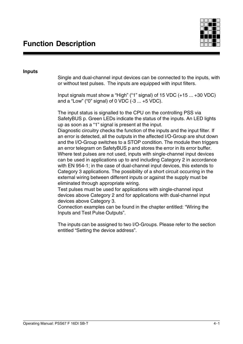 Function description, Inputs | Pilz PSS67 F 16DI SB-T User Manual | Page 17 / 51