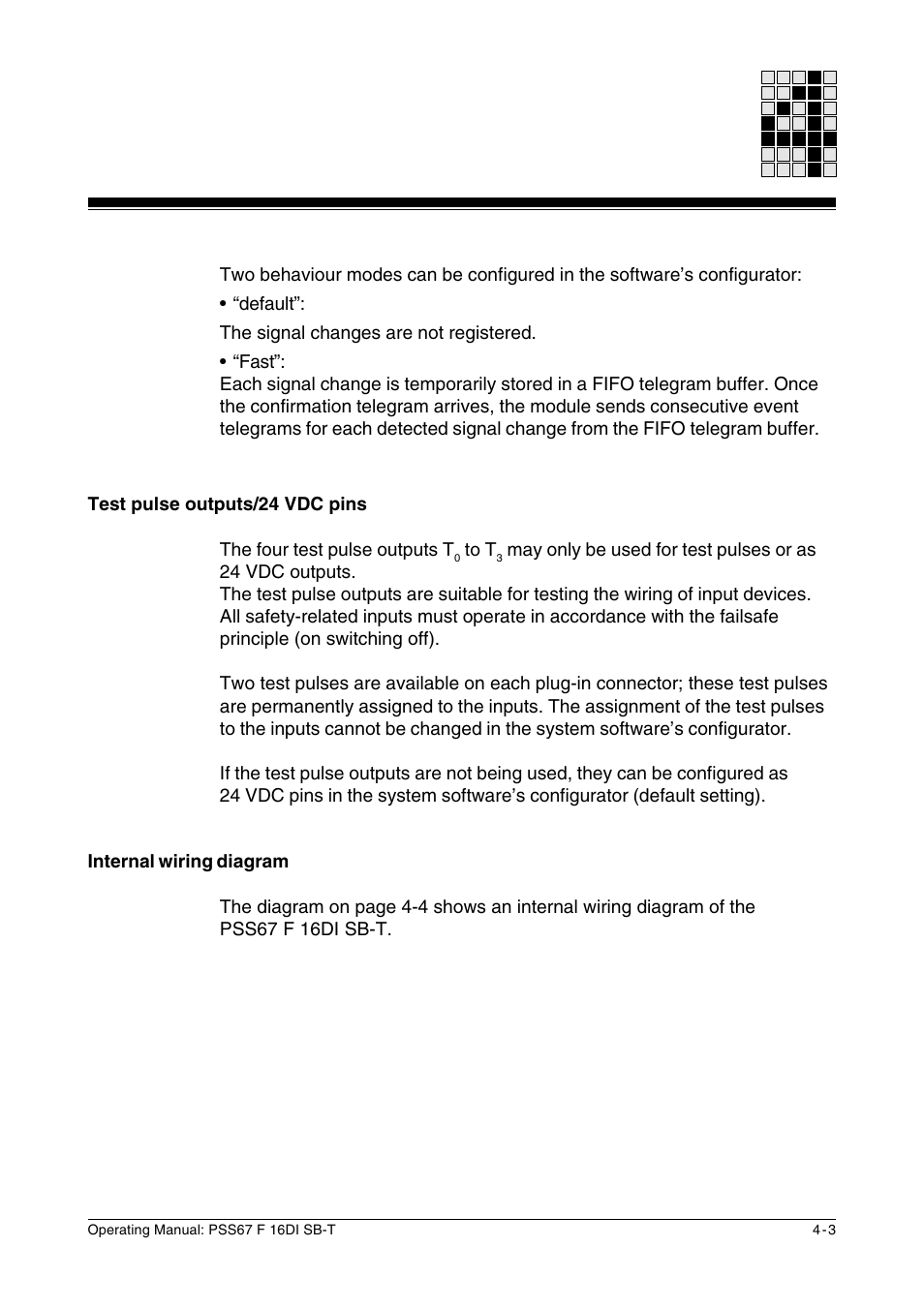 Test pulse outputs/24 vdc pins, Internal wiring diagram | Pilz PSS67 F 16DI SB-T User Manual | Page 19 / 51