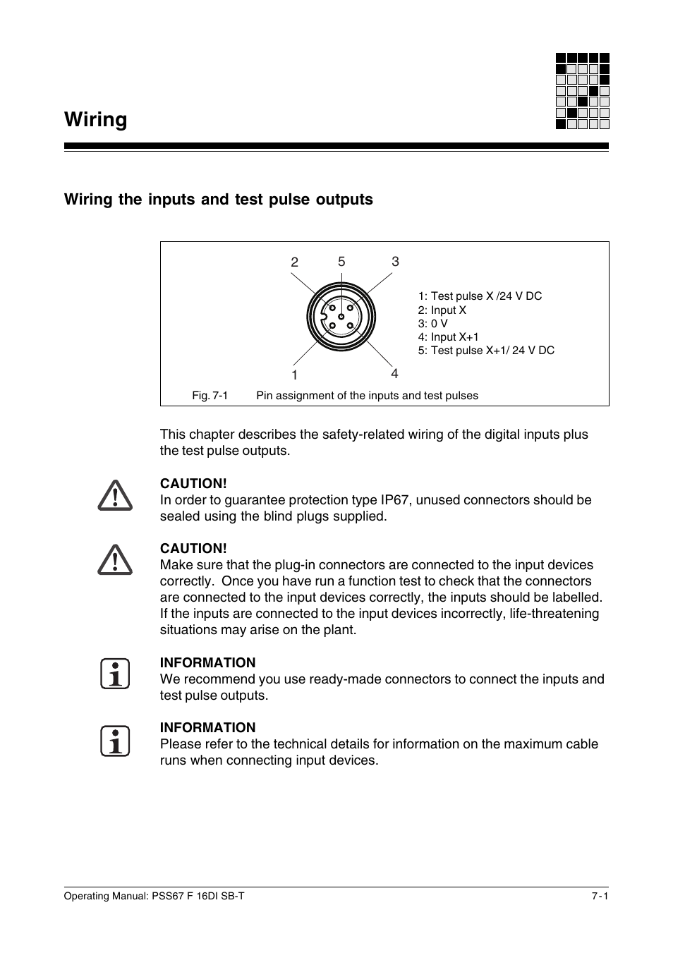 Wiring, Wiring the inputs and test pulse outputs | Pilz PSS67 F 16DI SB-T User Manual | Page 27 / 51