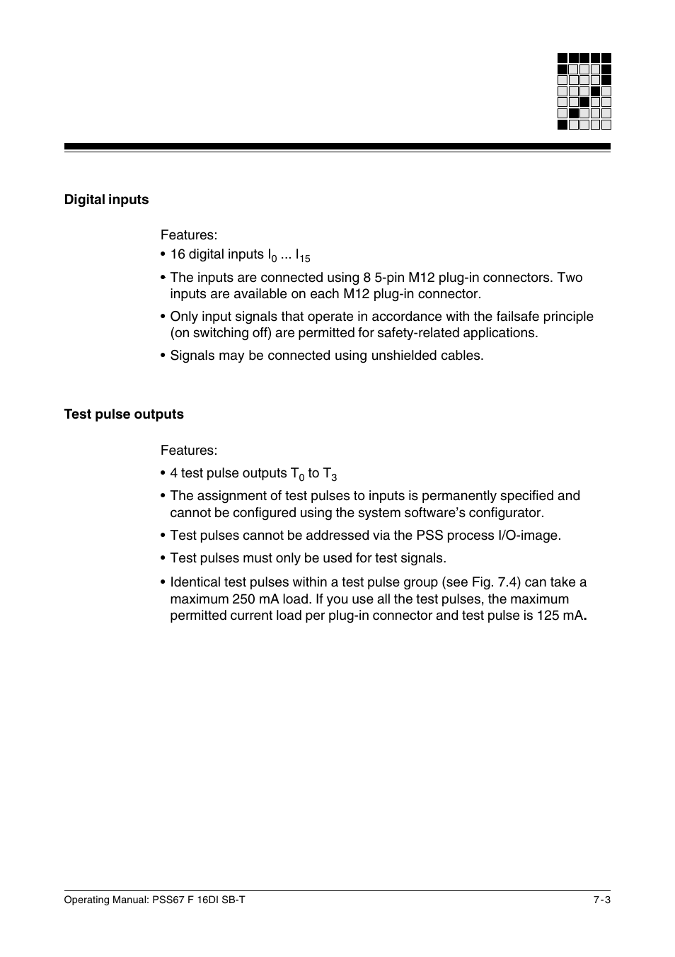 Digital inputs, Test pulse outputs | Pilz PSS67 F 16DI SB-T User Manual | Page 29 / 51
