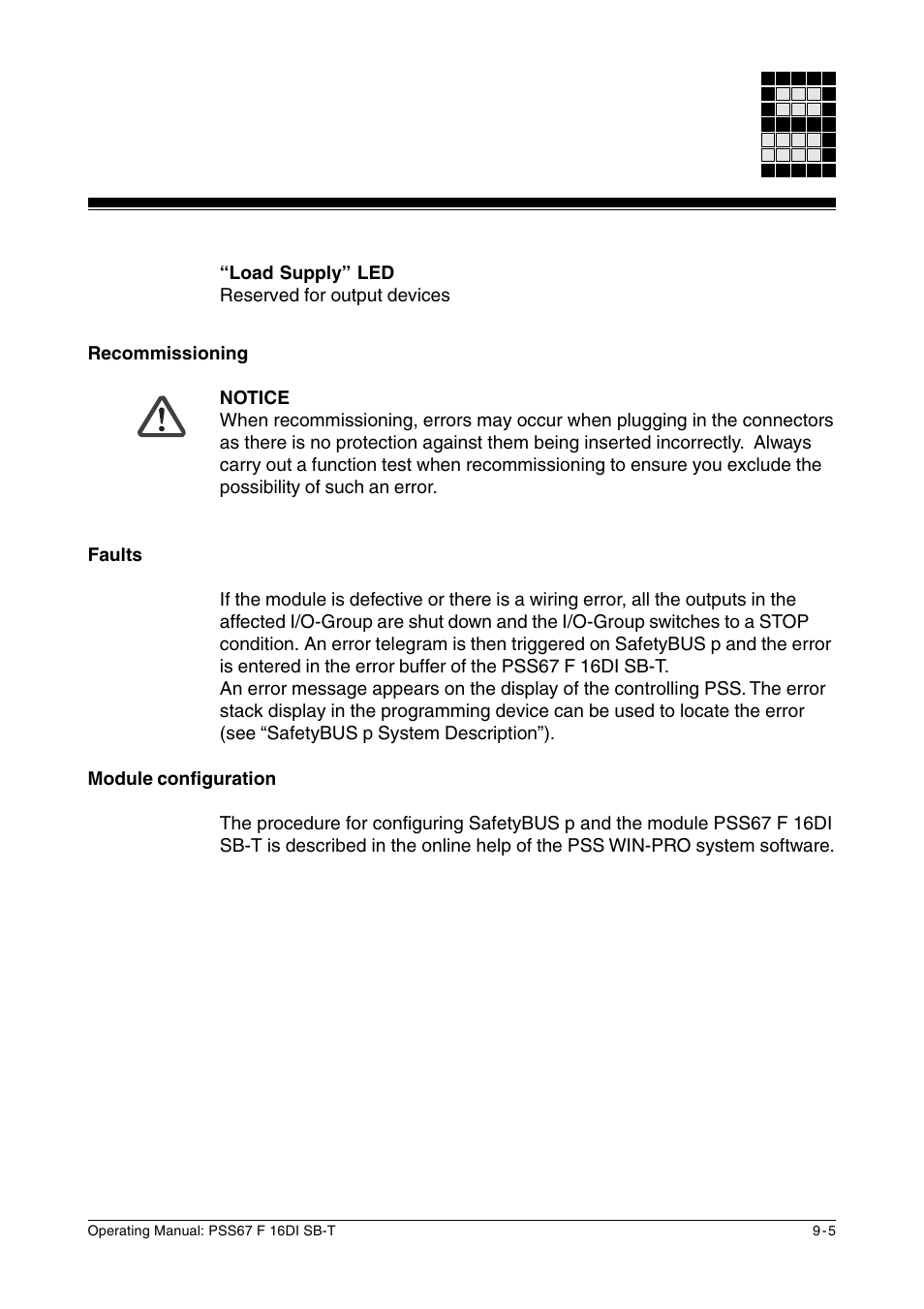 Recommissioning, Faults, Module configuration | Pilz PSS67 F 16DI SB-T User Manual | Page 45 / 51