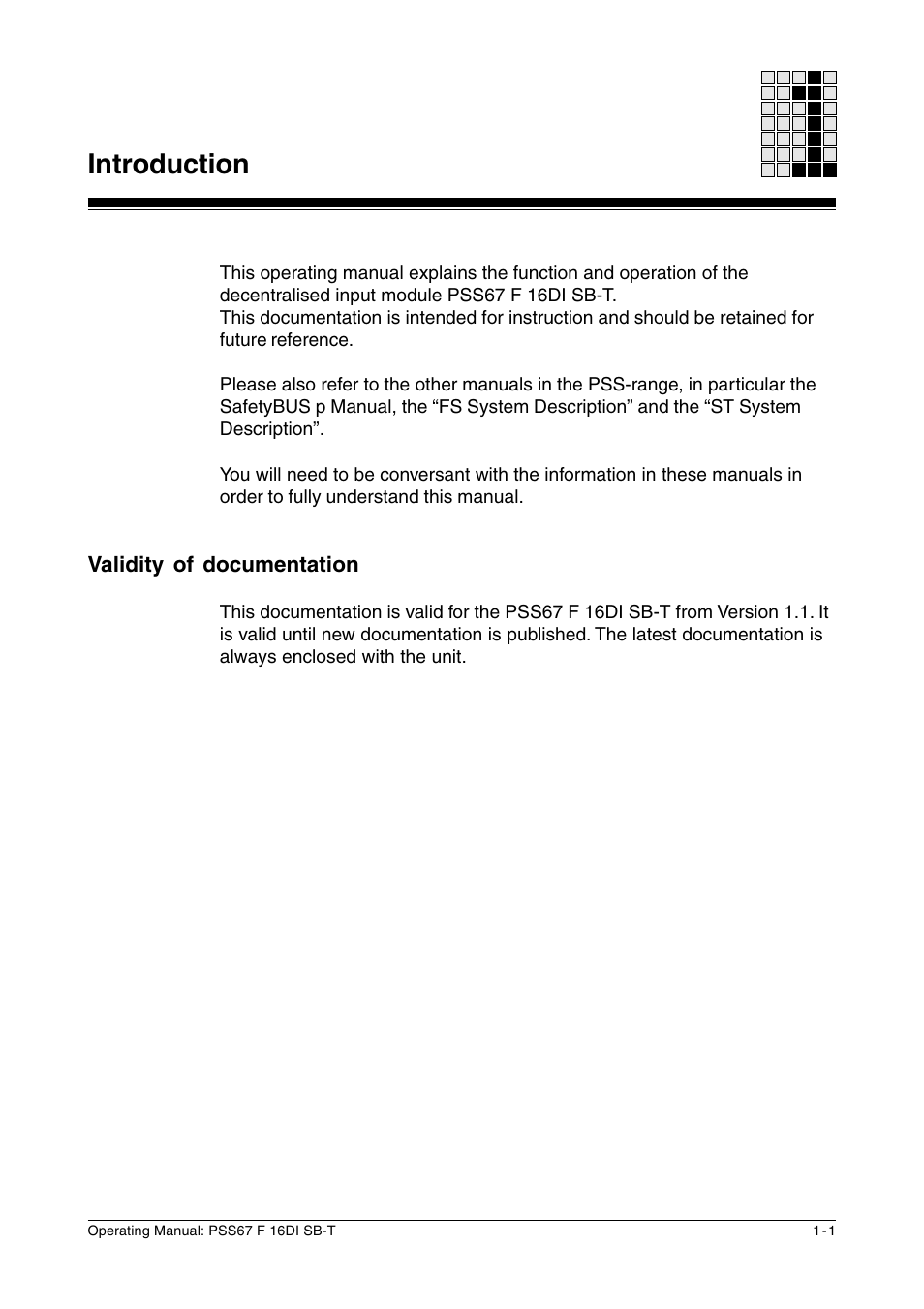Introduction, Validity of documentation | Pilz PSS67 F 16DI SB-T User Manual | Page 7 / 51
