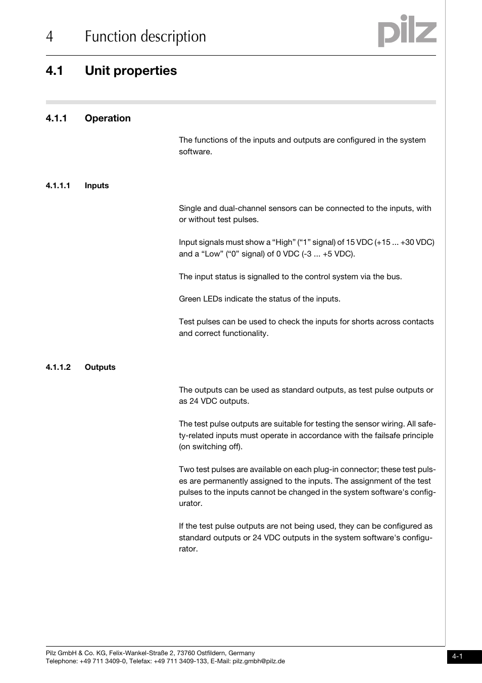 Function description, Unit properties, 1 operation | 1 inputs, 2 outputs, 4function description, 1 unit properties | Pilz PDP67 F 8DI ION User Manual | Page 13 / 32